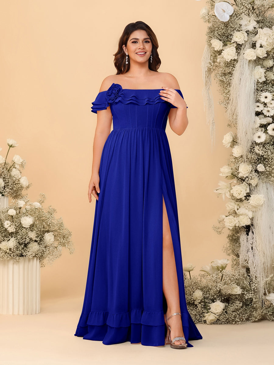 Chiffon A-Line/Princess Off-the-Shoulder Short Sleeves Plus Size Bridesmaid Dresses with Side Slit Royal Blue