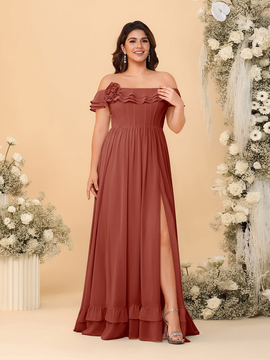 Chiffon A-Line/Princess Off-the-Shoulder Short Sleeves Plus Size Bridesmaid Dresses with Side Slit Rust