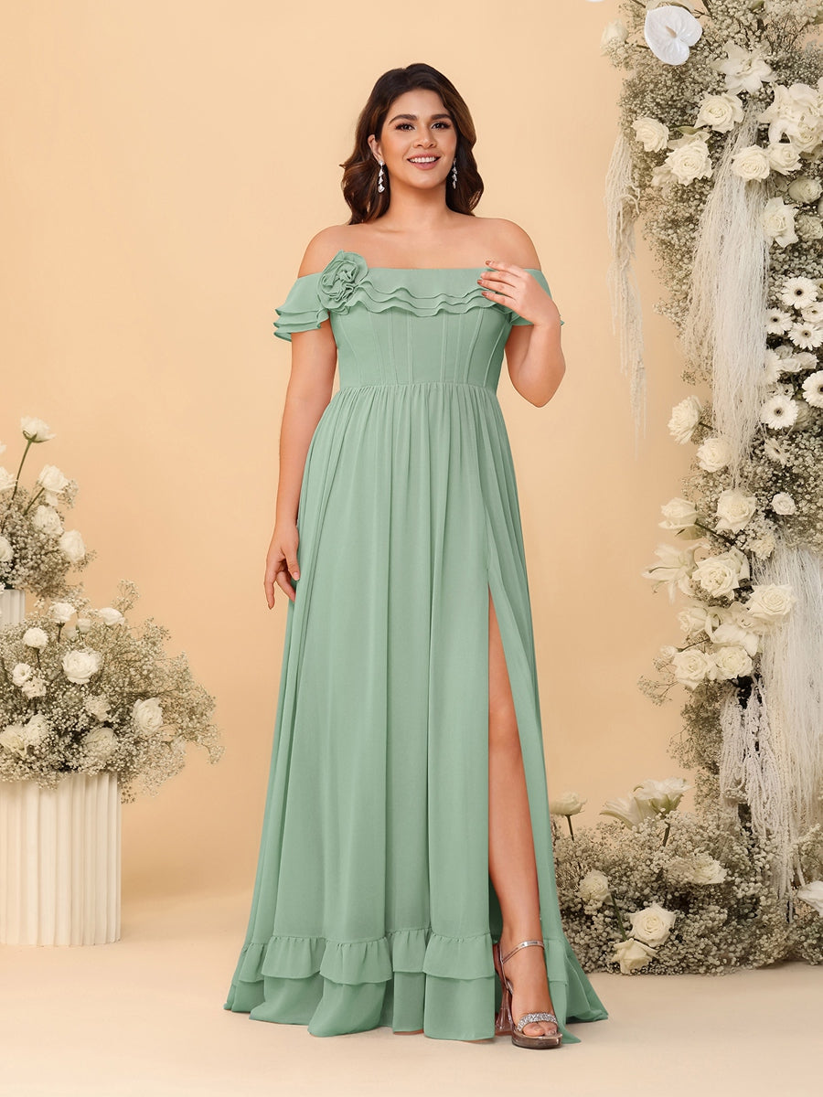 Chiffon A-Line/Princess Off-the-Shoulder Short Sleeves Plus Size Bridesmaid Dresses with Side Slit Sage