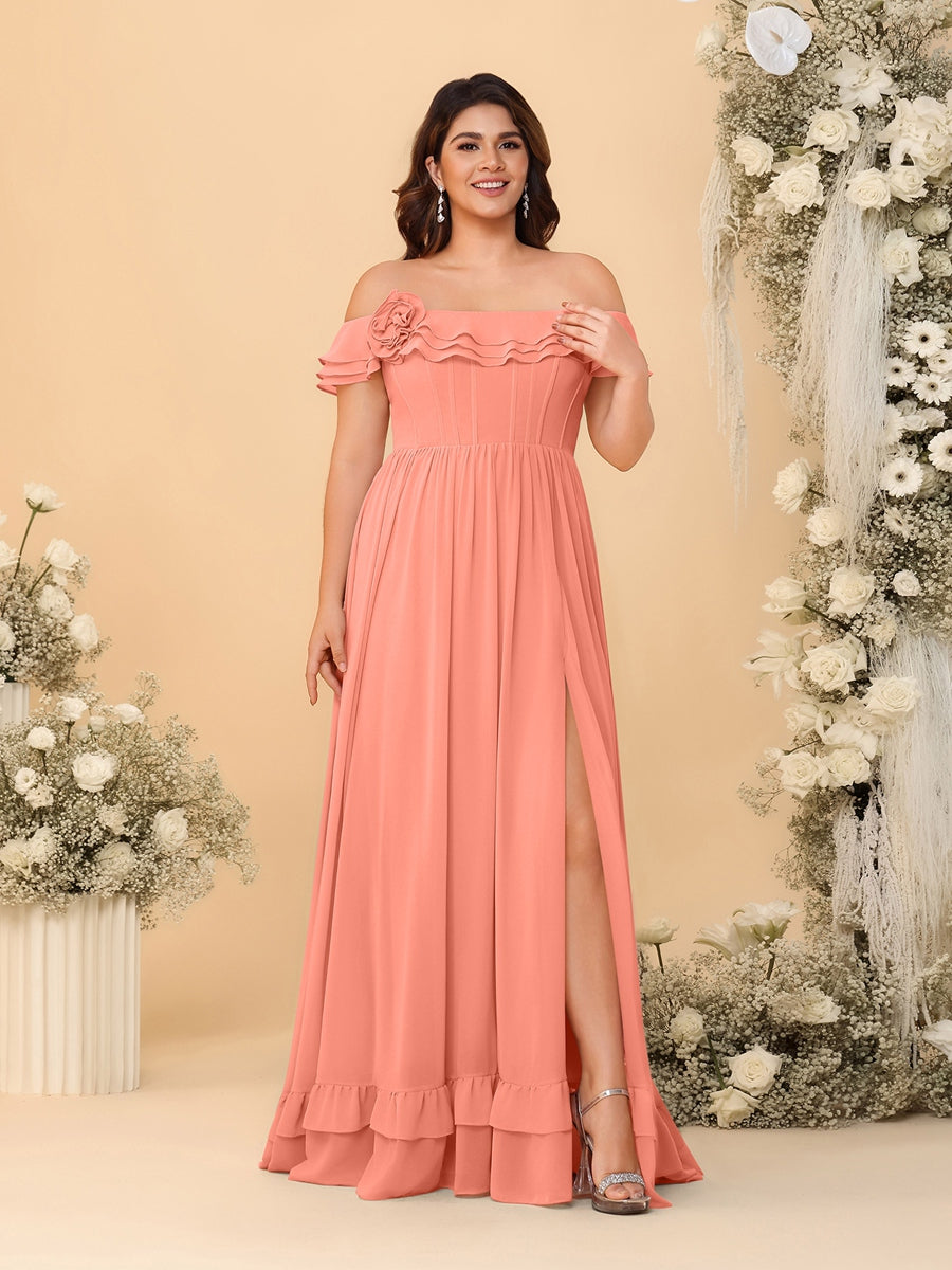 Chiffon A-Line/Princess Off-the-Shoulder Short Sleeves Plus Size Bridesmaid Dresses with Side Slit Salmon