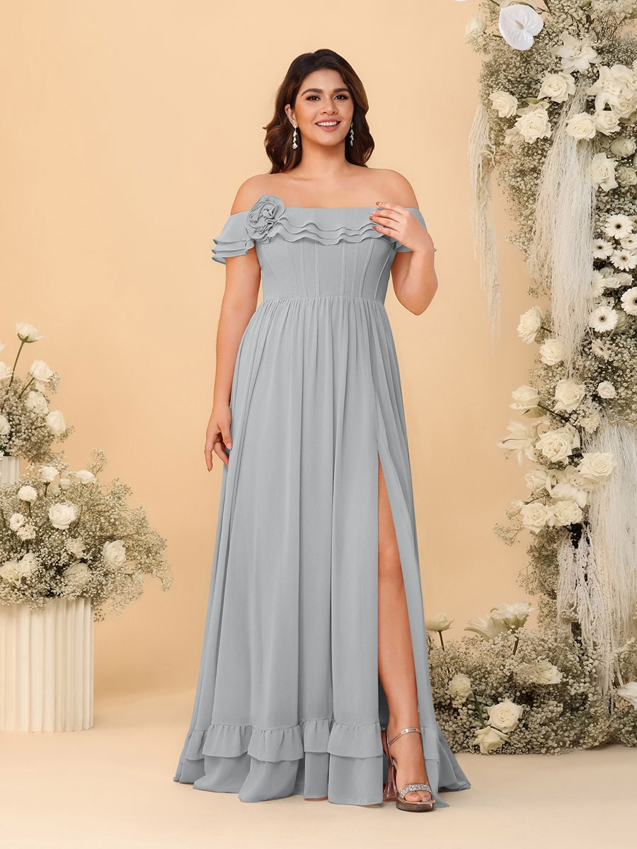 Chiffon A-Line/Princess Off-the-Shoulder Short Sleeves Plus Size Bridesmaid Dresses with Side Slit Silver