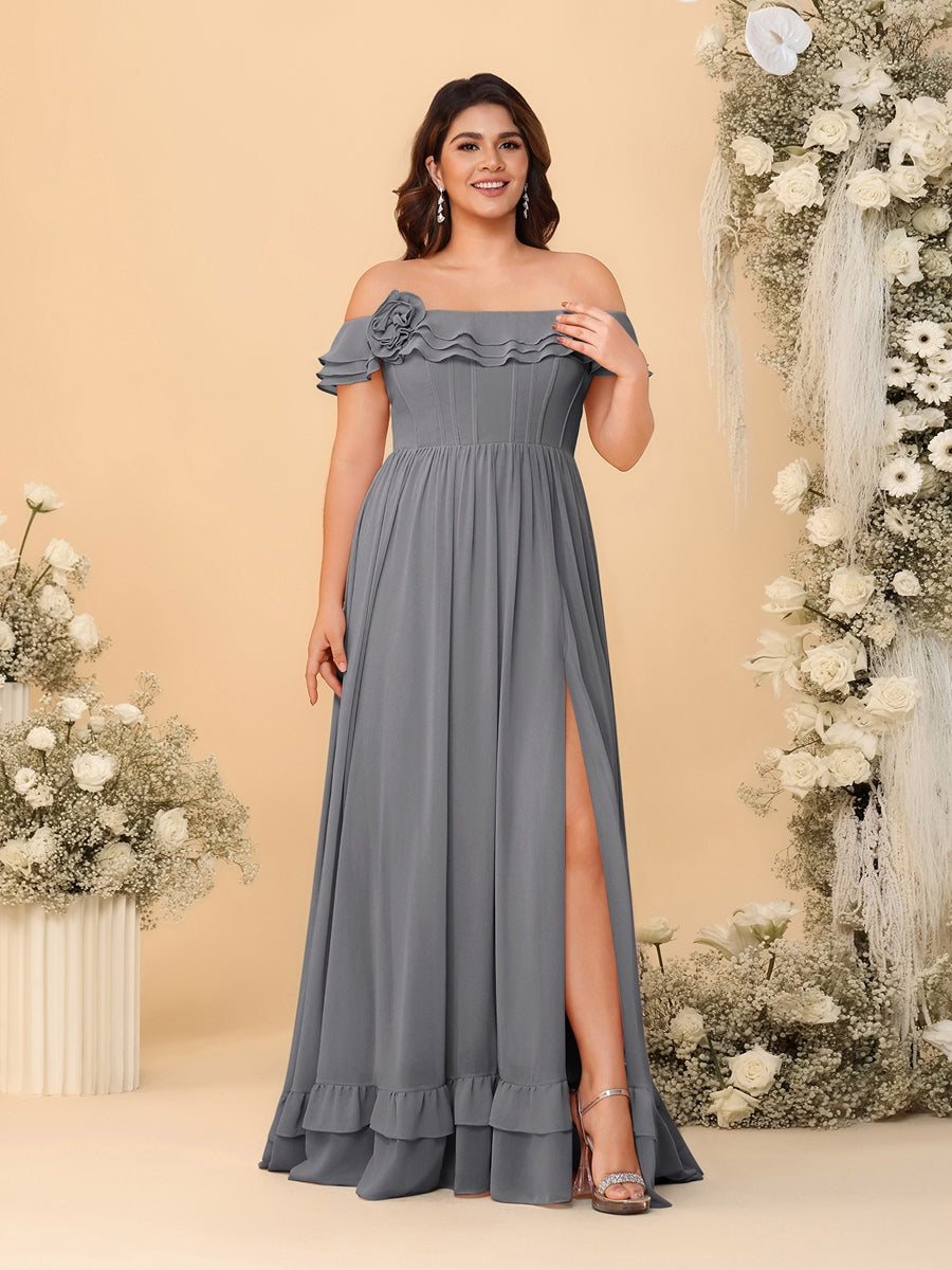 Chiffon A-Line/Princess Off-the-Shoulder Short Sleeves Plus Size Bridesmaid Dresses with Side Slit Silver Gray