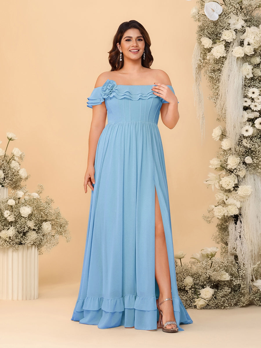 Chiffon A-Line/Princess Off-the-Shoulder Short Sleeves Plus Size Bridesmaid Dresses with Side Slit Sky Blue