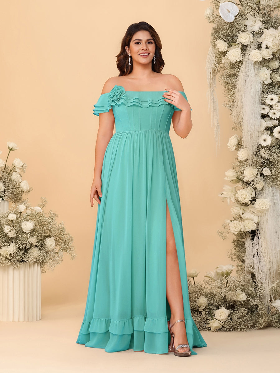 Chiffon A-Line/Princess Off-the-Shoulder Short Sleeves Plus Size Bridesmaid Dresses with Side Slit Spa