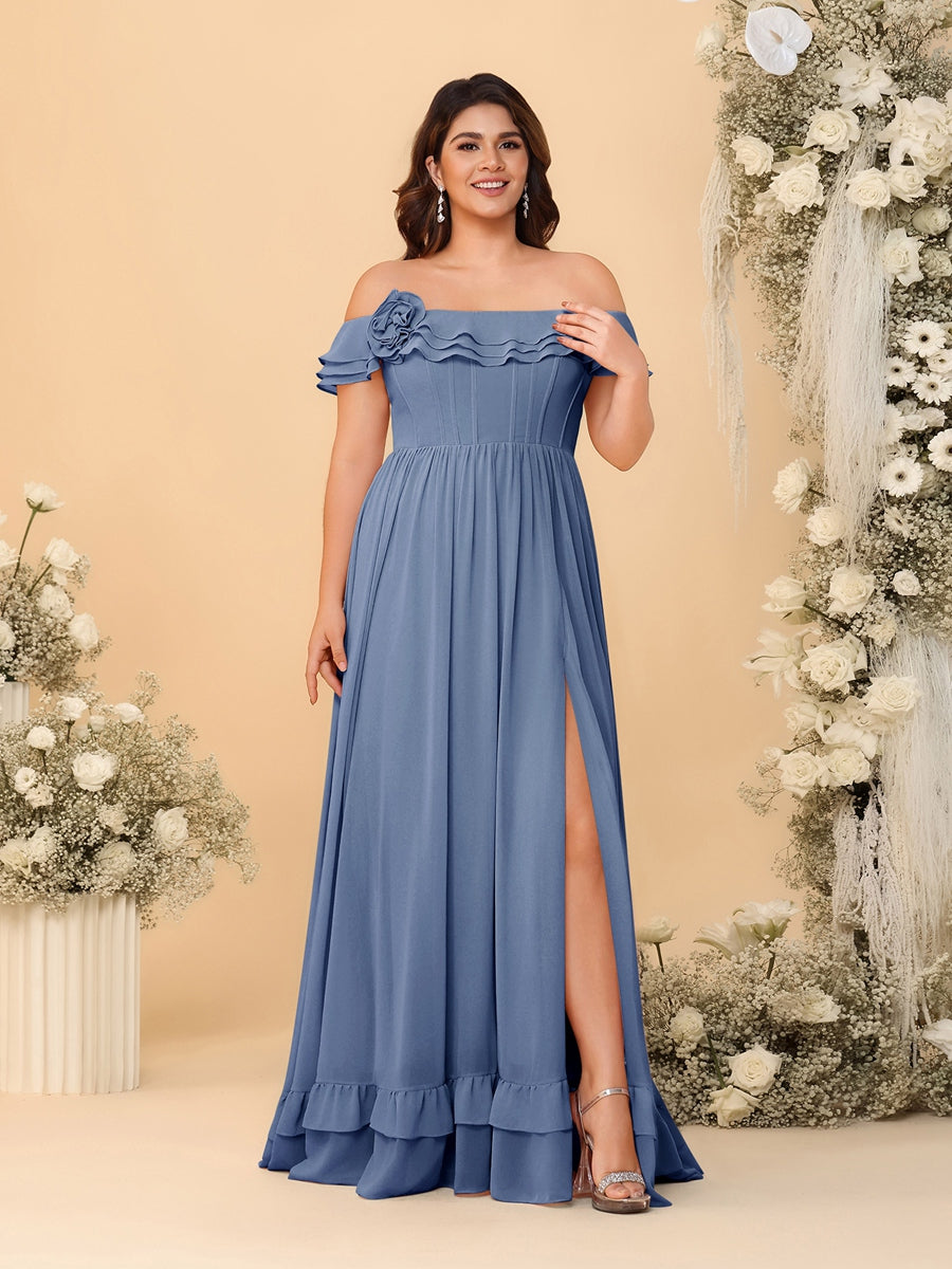 Chiffon A-Line/Princess Off-the-Shoulder Short Sleeves Plus Size Bridesmaid Dresses with Side Slit Steel Blue