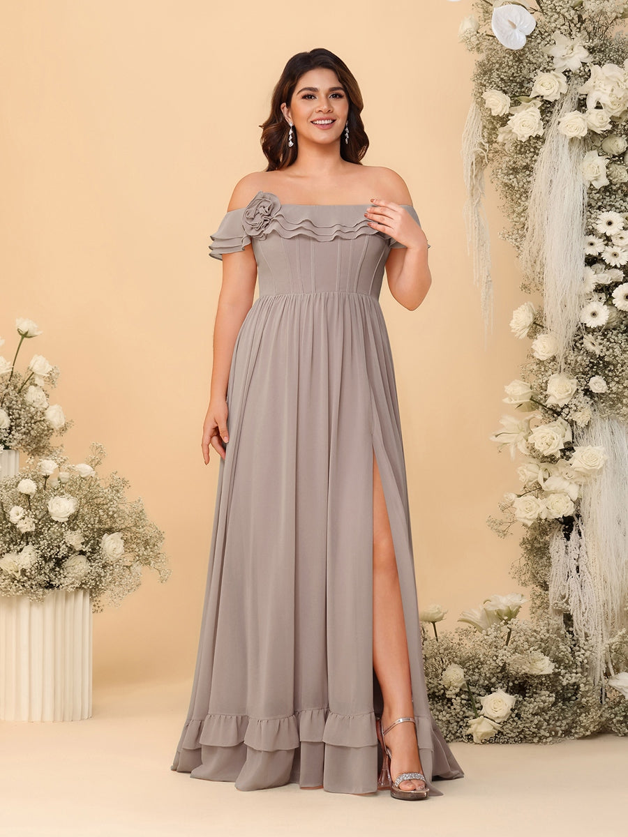 Chiffon A-Line/Princess Off-the-Shoulder Short Sleeves Plus Size Bridesmaid Dresses with Side Slit Taupe