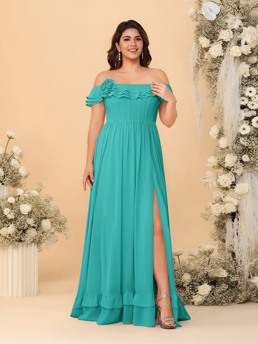 Chiffon A-Line/Princess Off-the-Shoulder Short Sleeves Plus Size Bridesmaid Dresses with Side Slit Turquoise