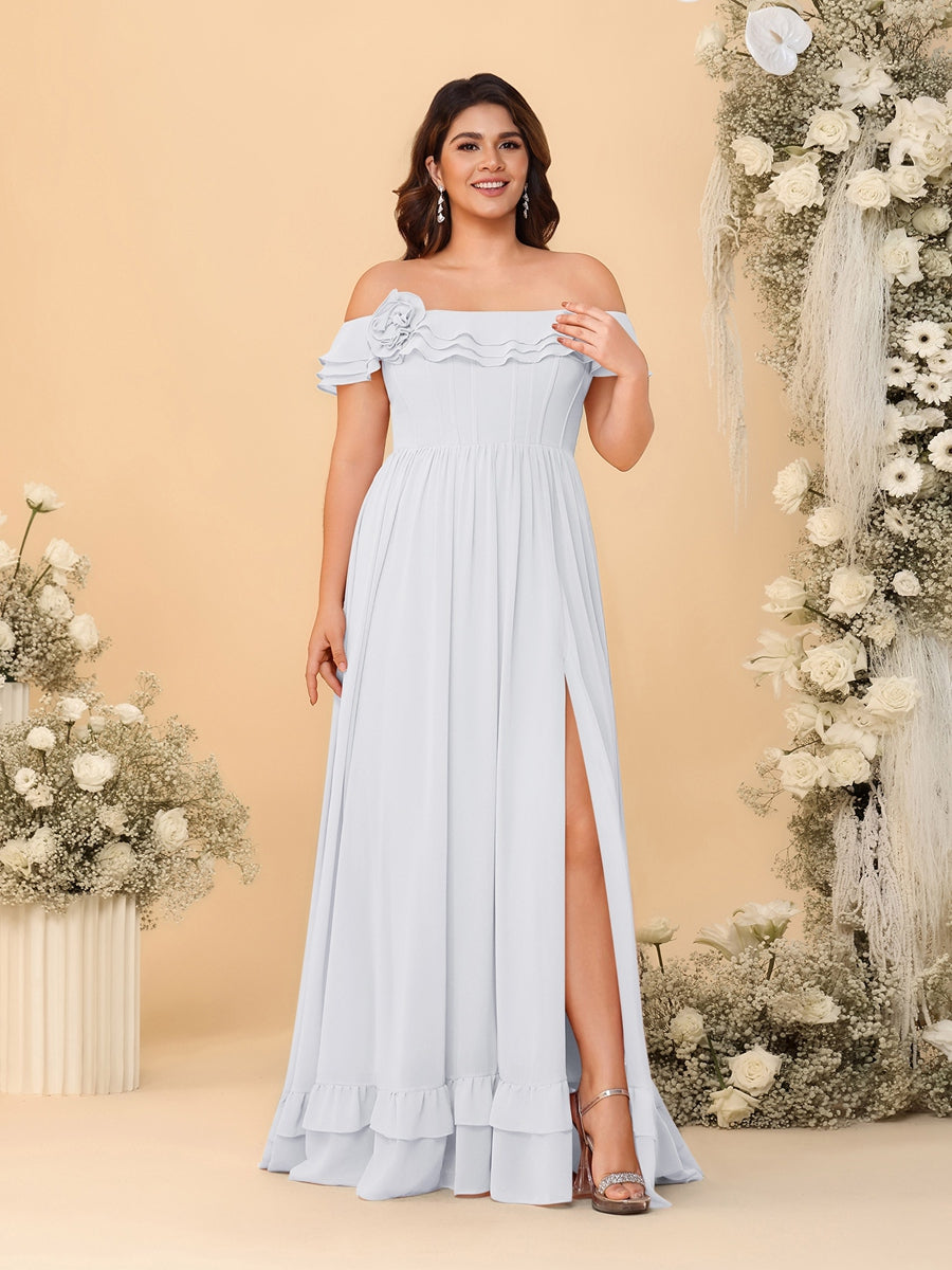 Chiffon A-Line/Princess Off-the-Shoulder Short Sleeves Plus Size Bridesmaid Dresses with Side Slit White