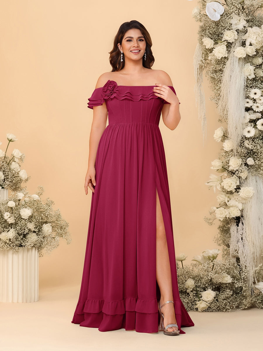 Chiffon A-Line/Princess Off-the-Shoulder Short Sleeves Plus Size Bridesmaid Dresses with Side Slit Wine Red