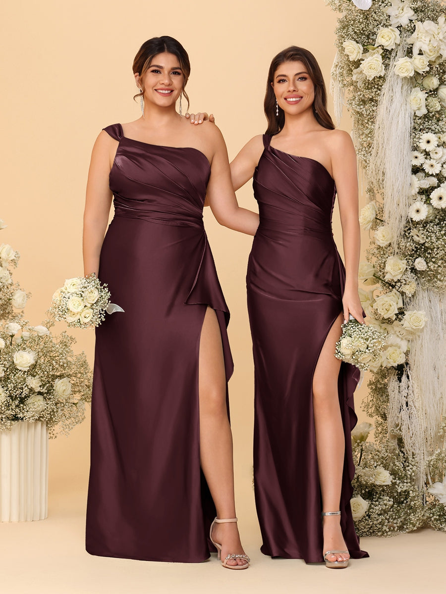 Sheath/Column One-Shoulder Sleeveless Split Side Bridesmaid Dresses with Ruffles Burgundy