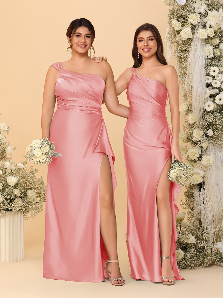 Sheath/Column One-Shoulder Sleeveless Split Side Bridesmaid Dresses with Ruffles Coral