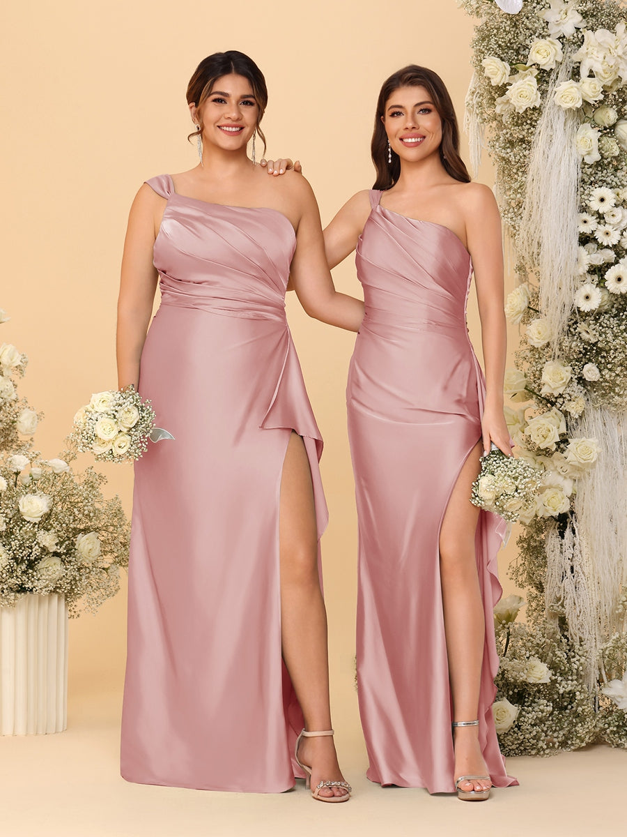 Sheath/Column One-Shoulder Sleeveless Split Side Bridesmaid Dresses with Ruffles Dusty Rose