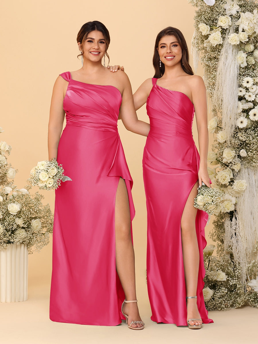Sheath/Column One-Shoulder Sleeveless Split Side Bridesmaid Dresses with Ruffles Fuchsia Pink