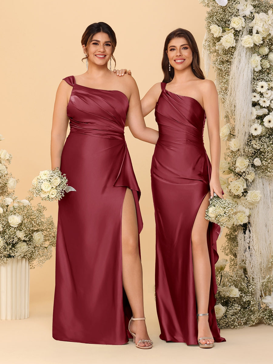 Sheath/Column One-Shoulder Sleeveless Split Side Bridesmaid Dresses with Ruffles Light Burgundy