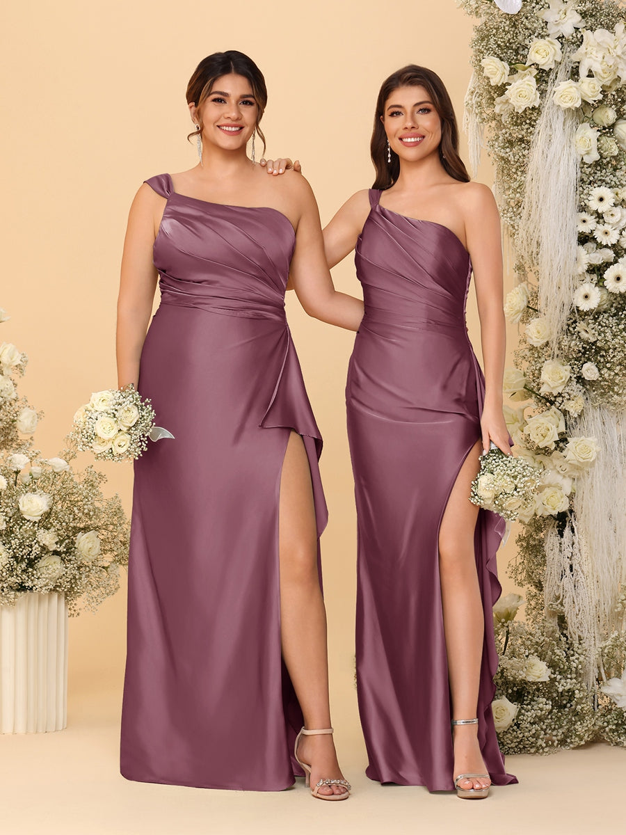 Sheath/Column One-Shoulder Sleeveless Split Side Bridesmaid Dresses with Ruffles Mulberry