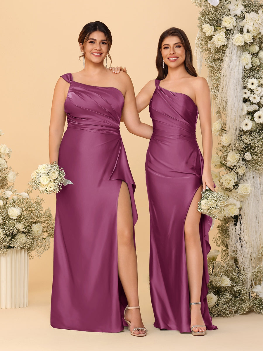 Sheath/Column One-Shoulder Sleeveless Split Side Bridesmaid Dresses with Ruffles Orchid