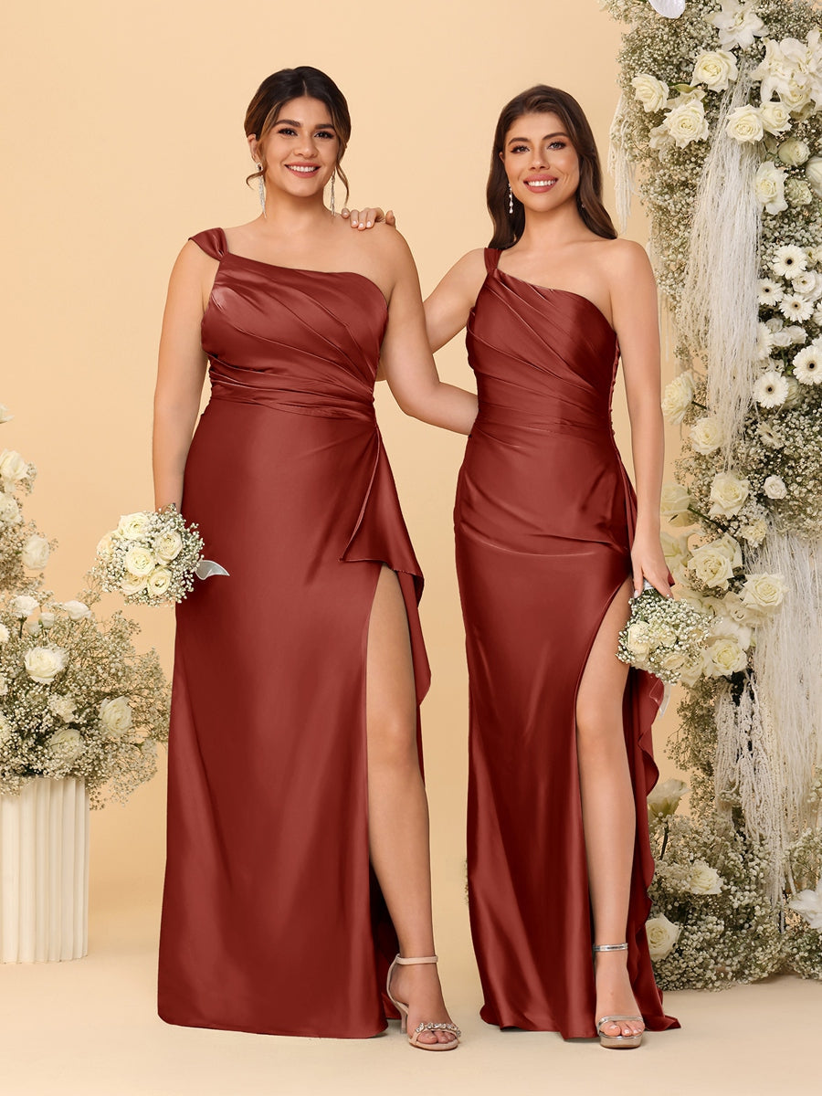Sheath/Column One-Shoulder Sleeveless Split Side Bridesmaid Dresses with Ruffles Rust