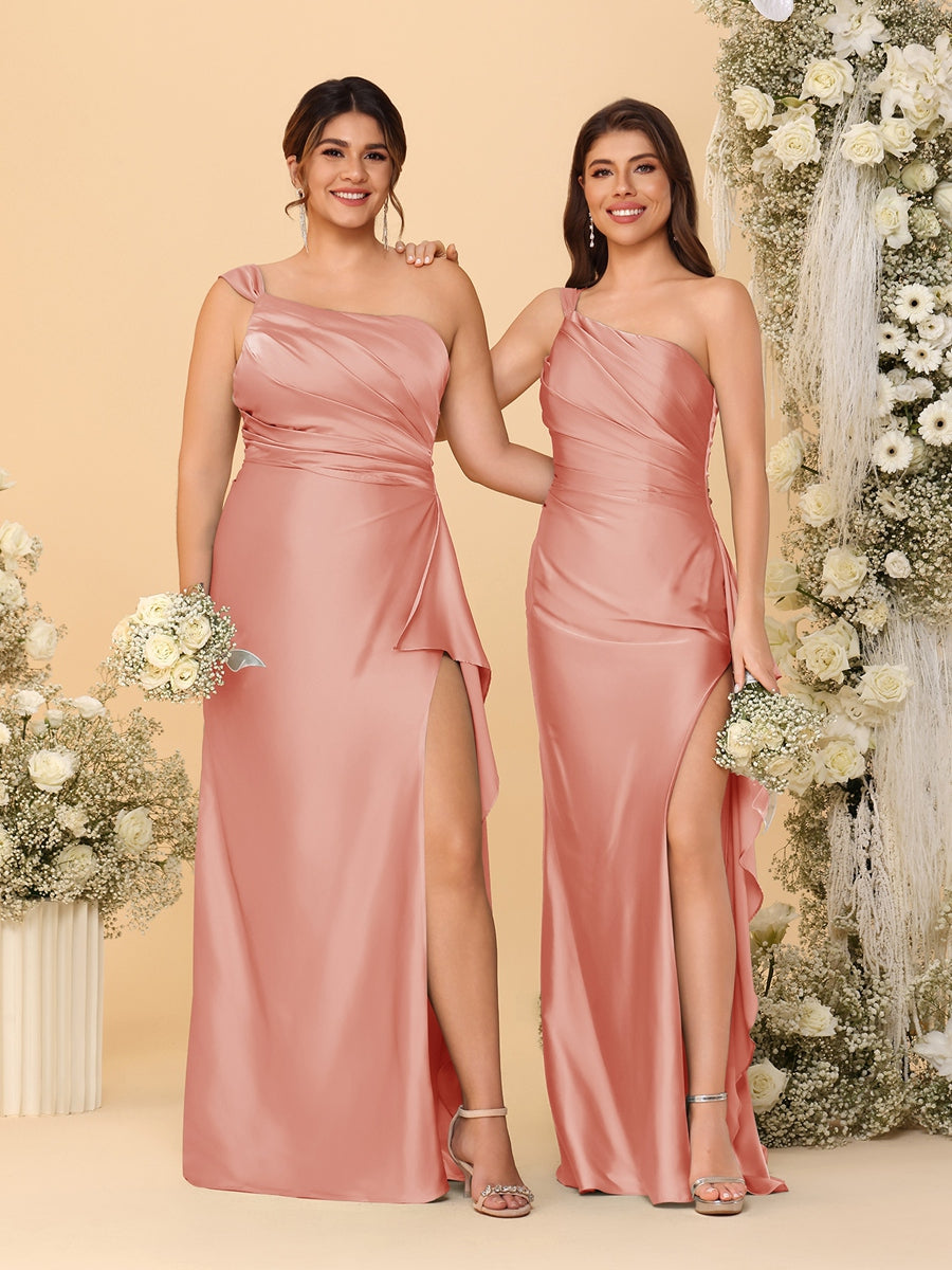 Sheath/Column One-Shoulder Sleeveless Split Side Bridesmaid Dresses with Ruffles Salmon