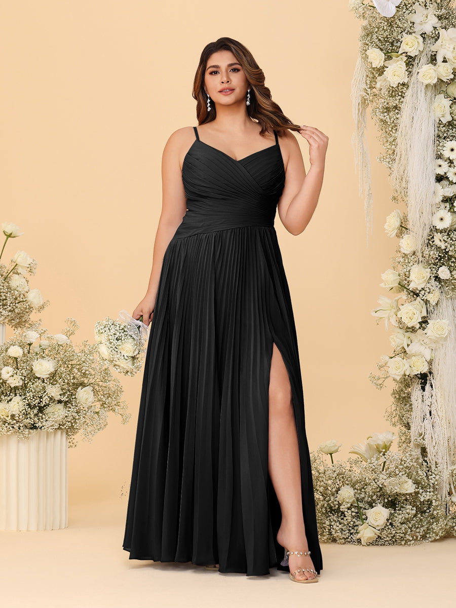 A-Line/Princess Spaghetti Straps Sleeveless Ruched Bridesmaid Dresses with Side Slit Black
