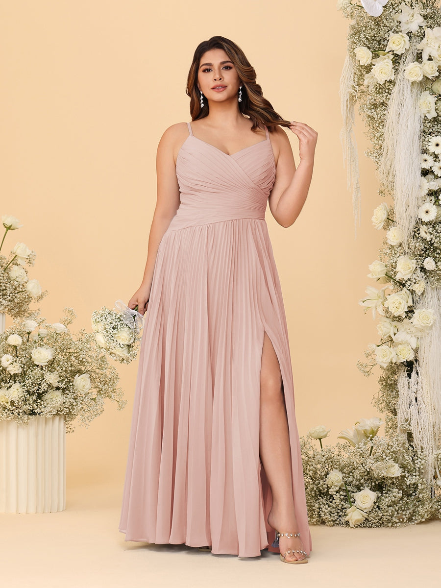 A-Line/Princess Spaghetti Straps Sleeveless Ruched Bridesmaid Dresses with Side Slit Blush Pink