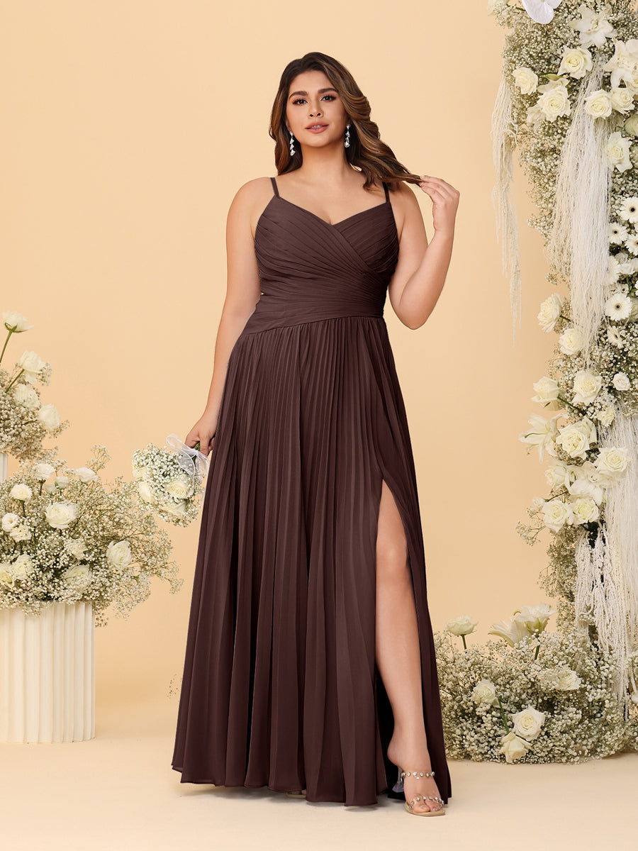 A-Line/Princess Spaghetti Straps Sleeveless Ruched Bridesmaid Dresses with Side Slit Brown