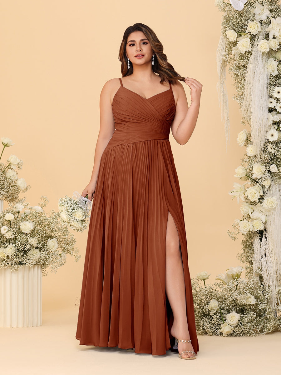 A-Line/Princess Spaghetti Straps Sleeveless Ruched Bridesmaid Dresses with Side Slit Burnt Orange