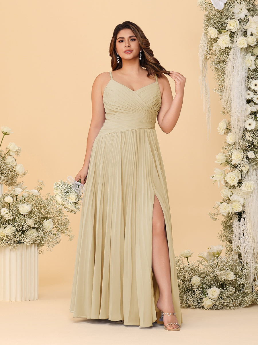 A-Line/Princess Spaghetti Straps Sleeveless Ruched Bridesmaid Dresses with Side Slit Champagne