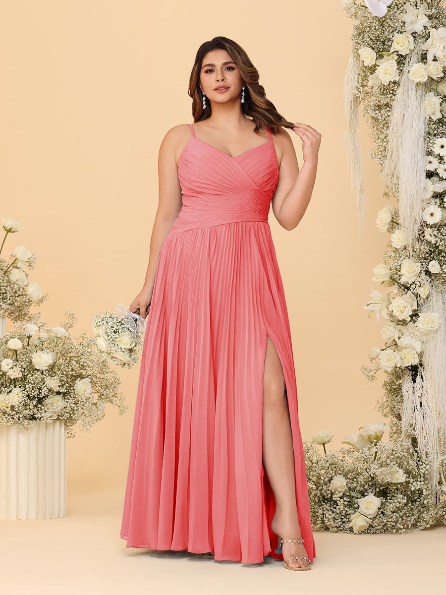 A-Line/Princess Spaghetti Straps Sleeveless Ruched Bridesmaid Dresses with Side Slit Coral