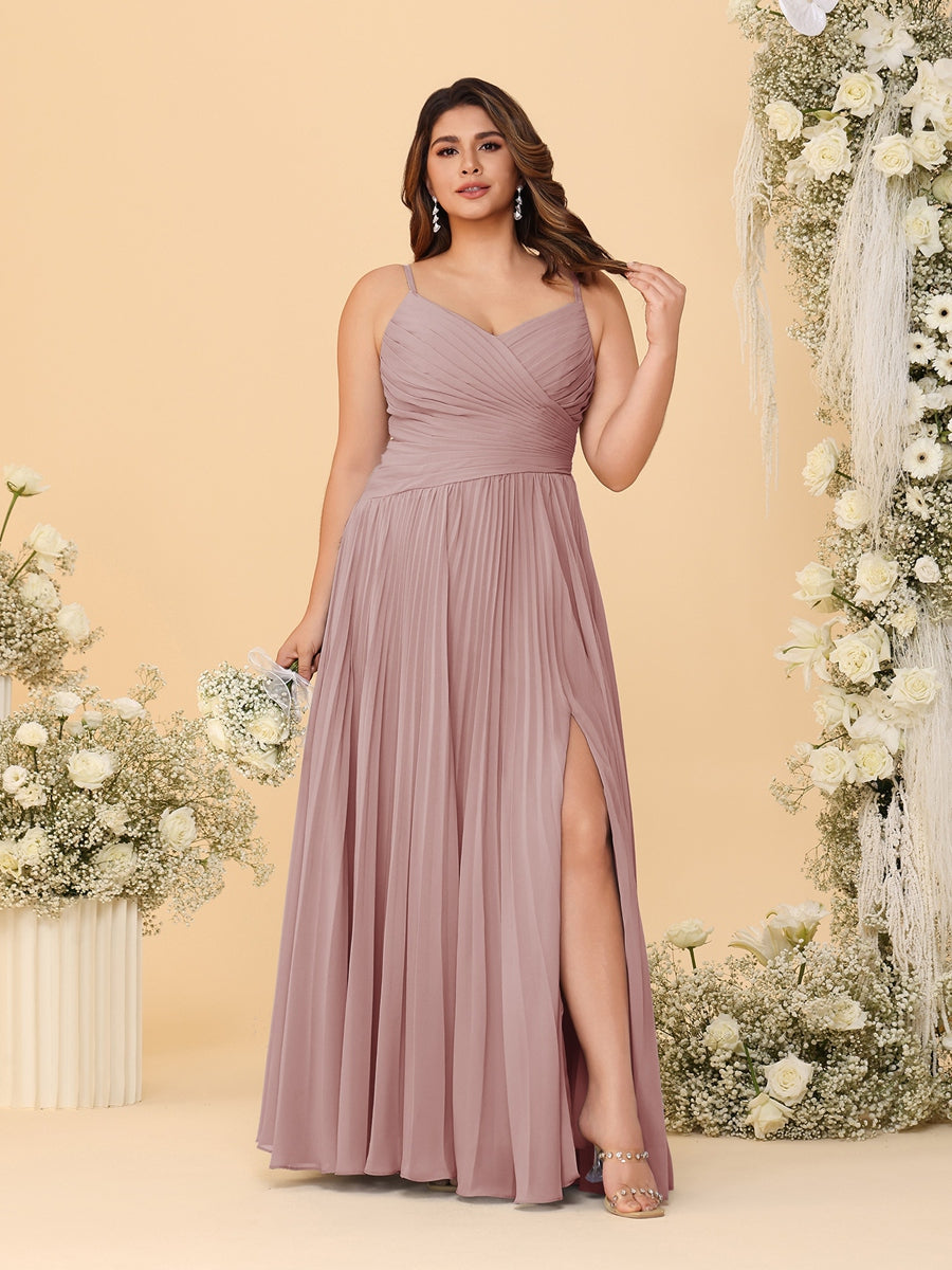 A-Line/Princess Spaghetti Straps Sleeveless Ruched Bridesmaid Dresses with Side Slit Dusty Pink