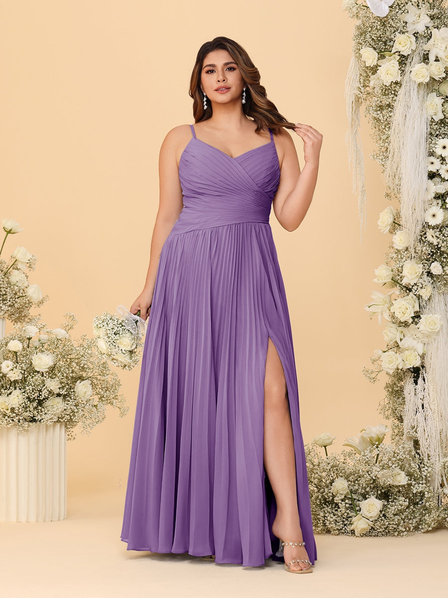 A-Line/Princess Spaghetti Straps Sleeveless Ruched Bridesmaid Dresses with Side Slit Dusty Purple