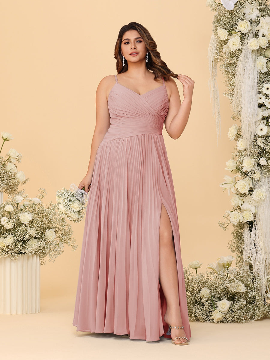 A-Line/Princess Spaghetti Straps Sleeveless Ruched Bridesmaid Dresses with Side Slit Dusty Rose