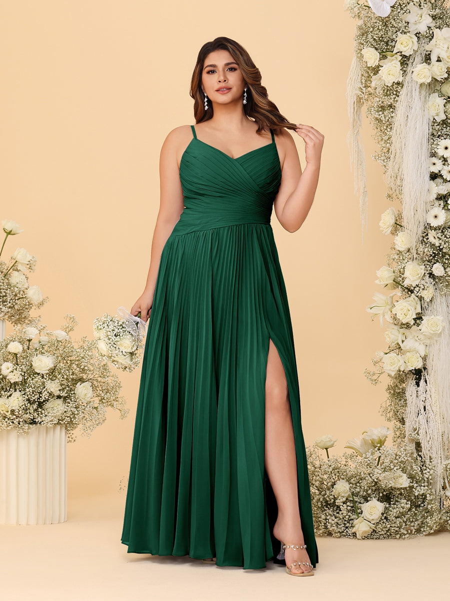 A-Line/Princess Spaghetti Straps Sleeveless Ruched Bridesmaid Dresses with Side Slit Emerald