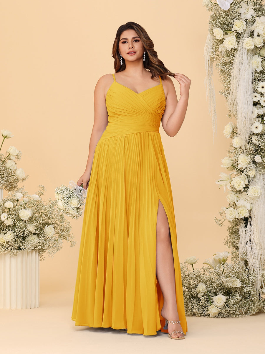 A-Line/Princess Spaghetti Straps Sleeveless Ruched Bridesmaid Dresses with Side Slit Gold