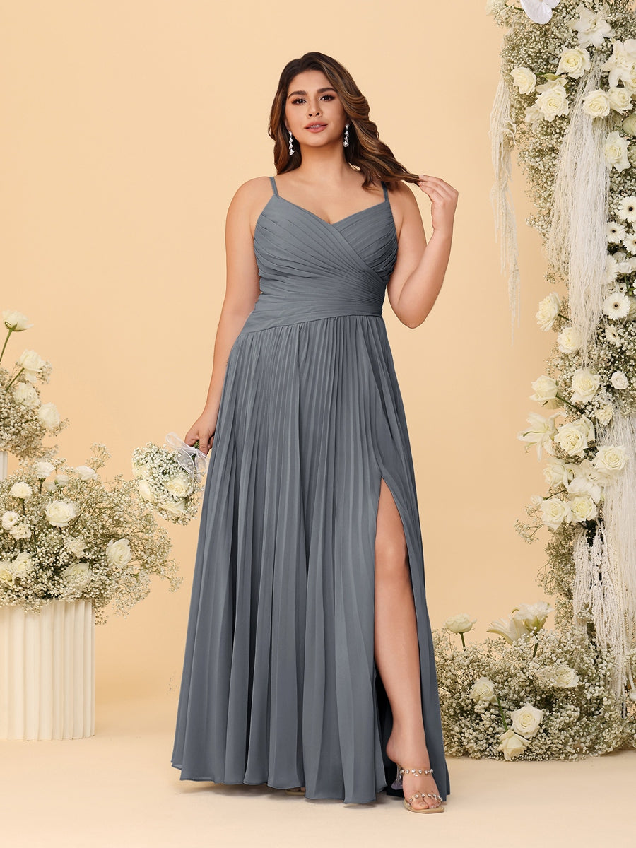 A-Line/Princess Spaghetti Straps Sleeveless Ruched Bridesmaid Dresses with Side Slit Gray