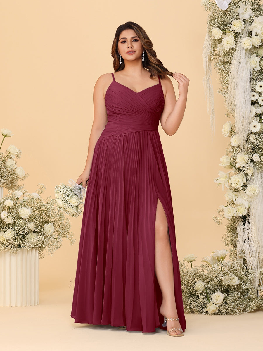 A-Line/Princess Spaghetti Straps Sleeveless Ruched Bridesmaid Dresses with Side Slit Light Burgundy