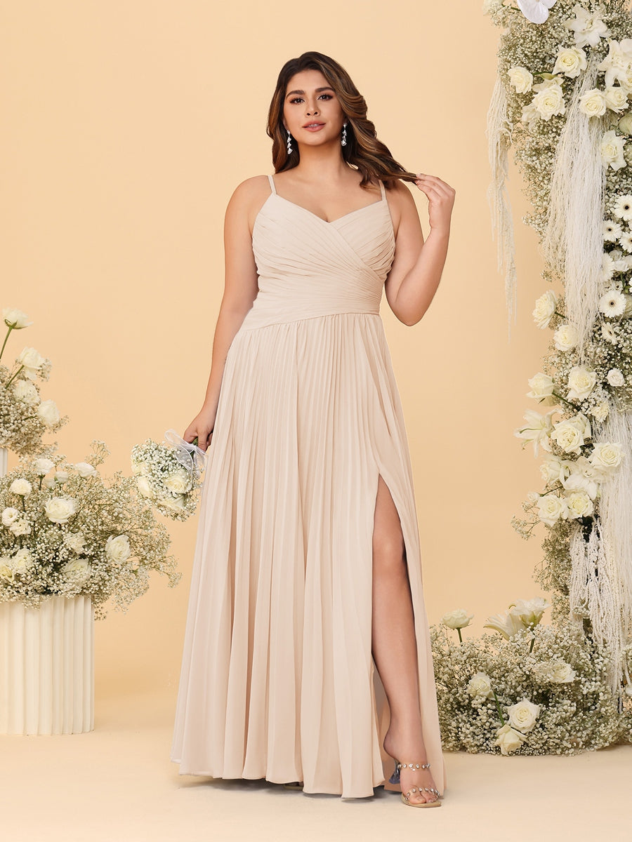 A-Line/Princess Spaghetti Straps Sleeveless Ruched Bridesmaid Dresses with Side Slit Light Champagne