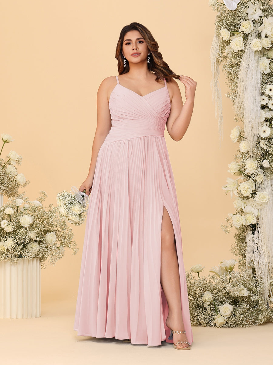 A-Line/Princess Spaghetti Straps Sleeveless Ruched Bridesmaid Dresses with Side Slit Light Pink