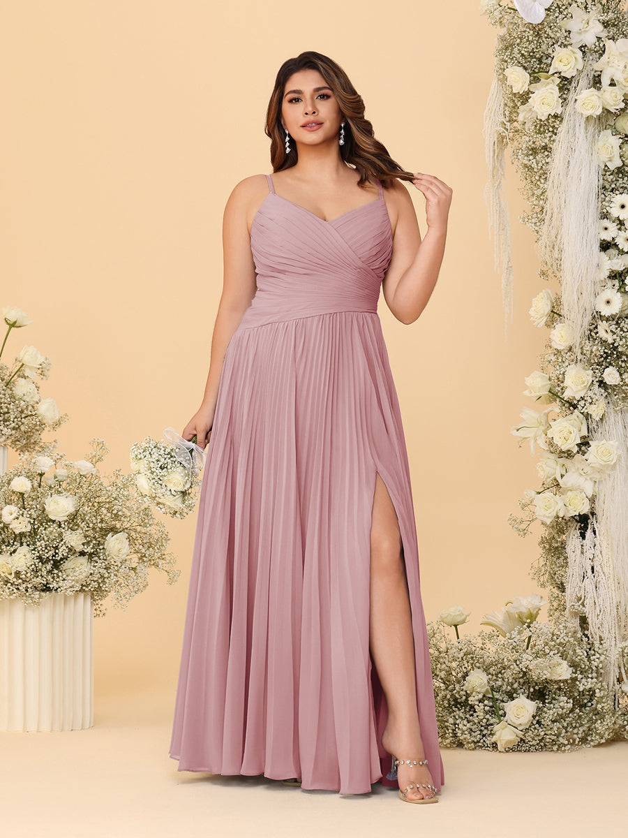 A-Line/Princess Spaghetti Straps Sleeveless Ruched Bridesmaid Dresses with Side Slit Mauve