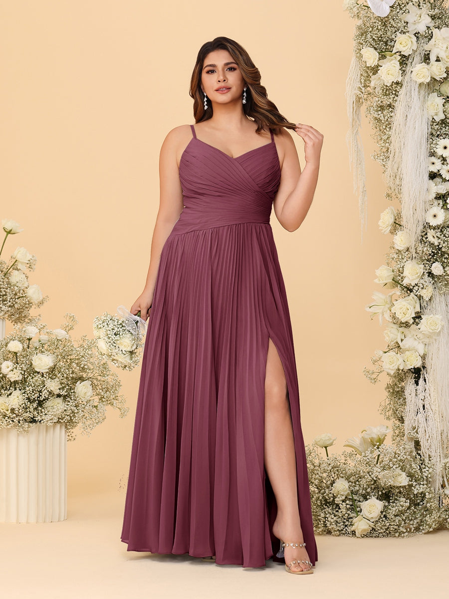A-Line/Princess Spaghetti Straps Sleeveless Ruched Bridesmaid Dresses with Side Slit Mulberry