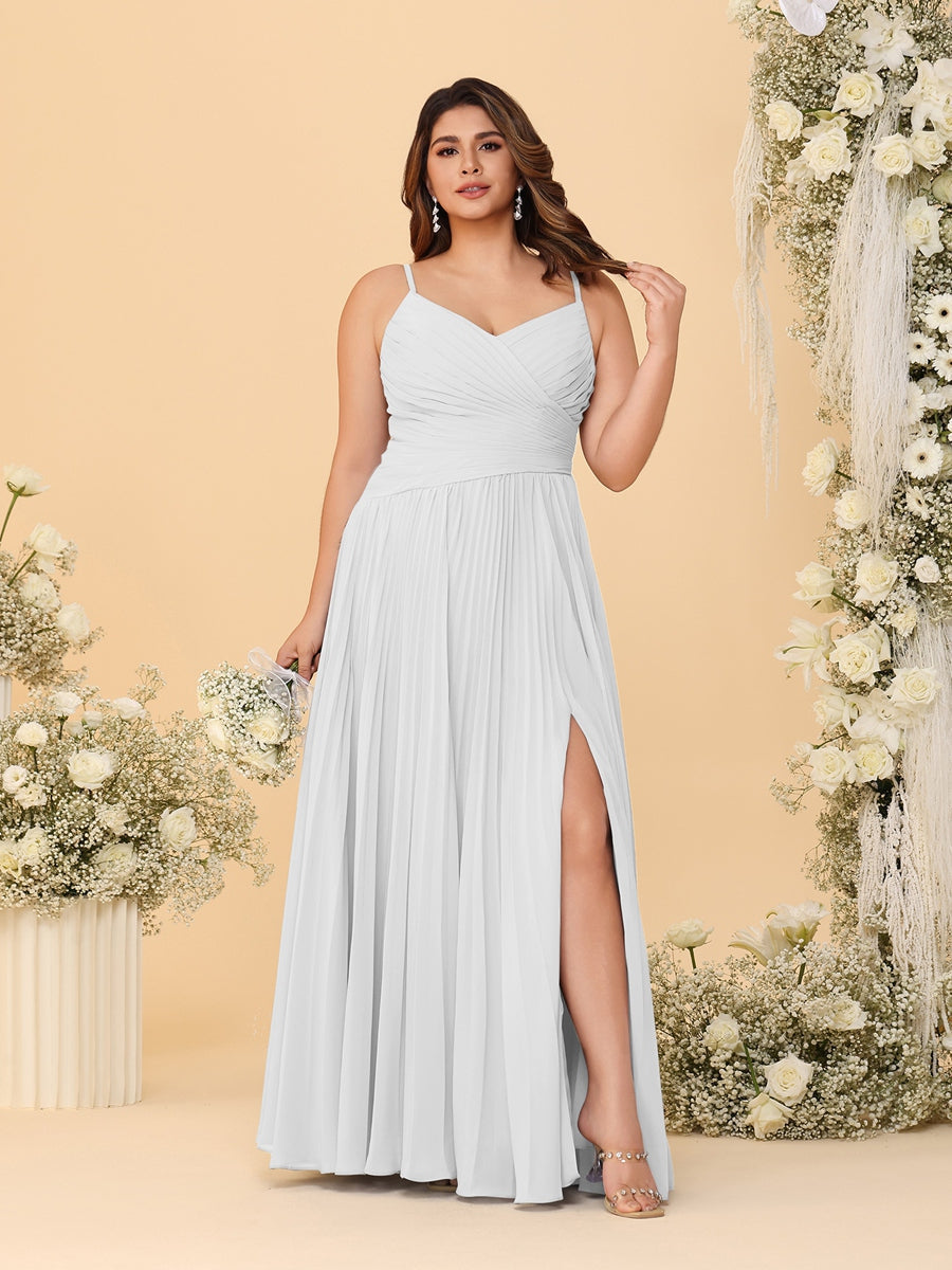 A-Line/Princess Spaghetti Straps Sleeveless Ruched Bridesmaid Dresses with Side Slit Off White