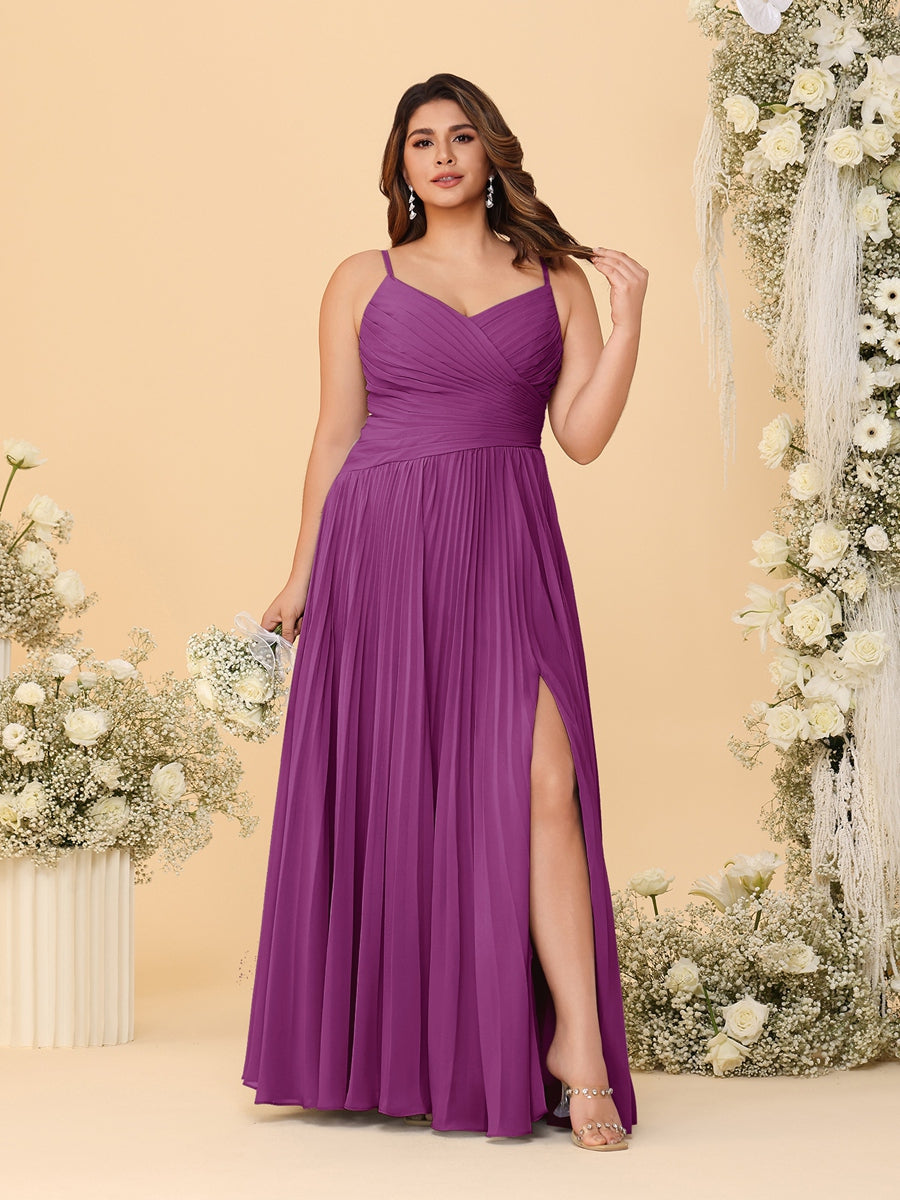 A-Line/Princess Spaghetti Straps Sleeveless Ruched Bridesmaid Dresses with Side Slit Orchid