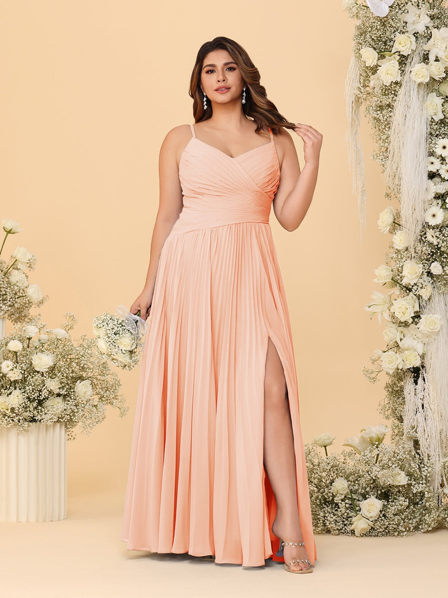 A-Line/Princess Spaghetti Straps Sleeveless Ruched Bridesmaid Dresses with Side Slit Peach Pink