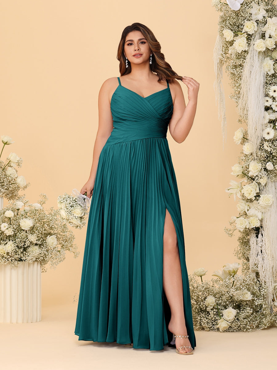 A-Line/Princess Spaghetti Straps Sleeveless Ruched Bridesmaid Dresses with Side Slit Peacock