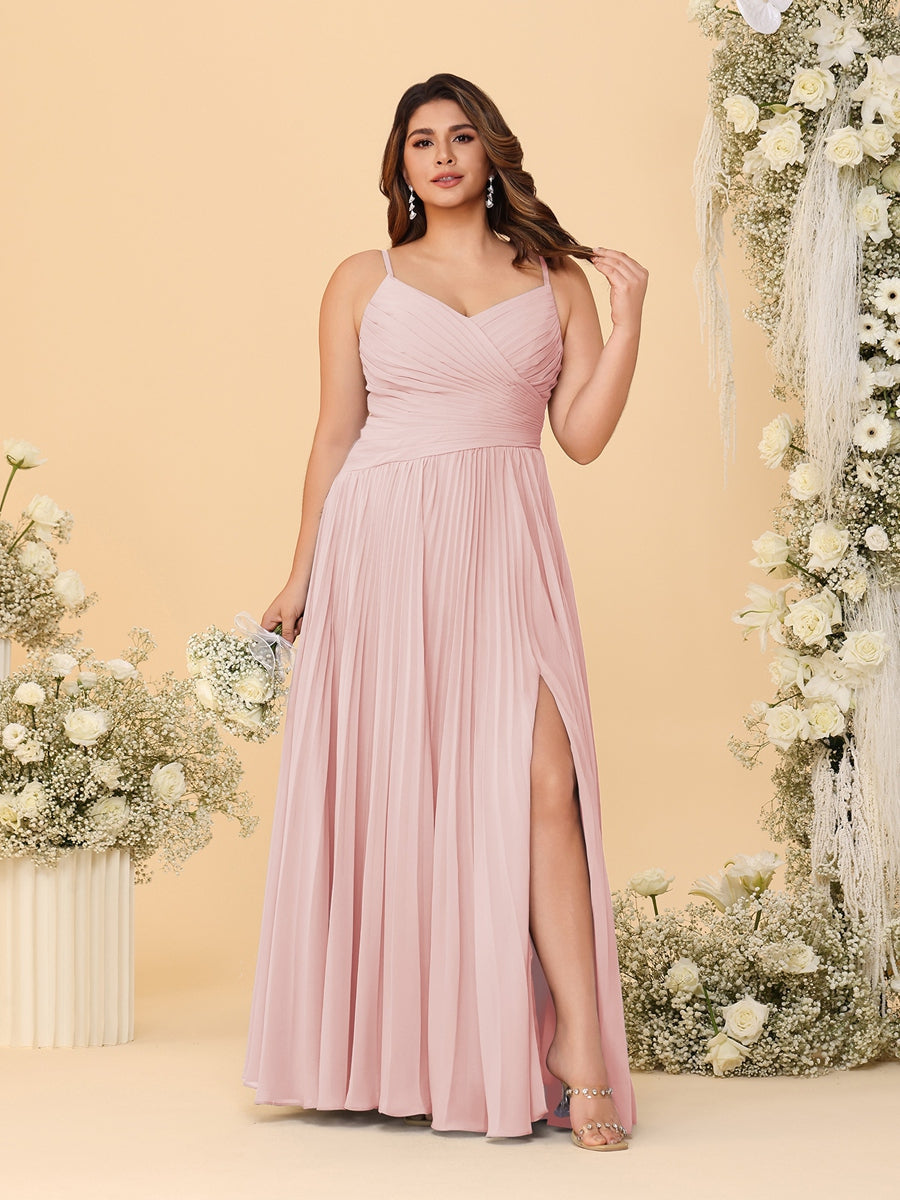 A-Line/Princess Spaghetti Straps Sleeveless Ruched Bridesmaid Dresses with Side Slit Pearl Pink
