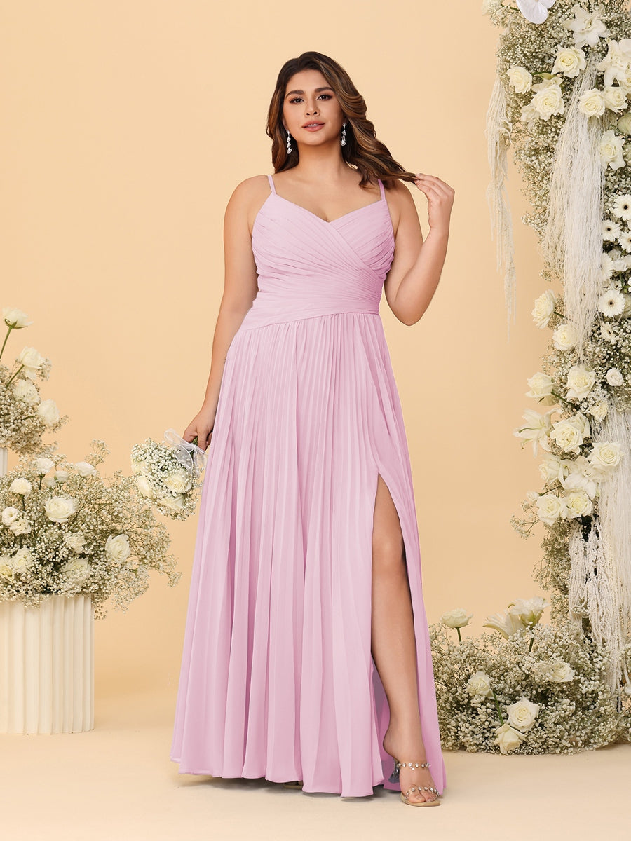 A-Line/Princess Spaghetti Straps Sleeveless Ruched Bridesmaid Dresses with Side Slit Pink