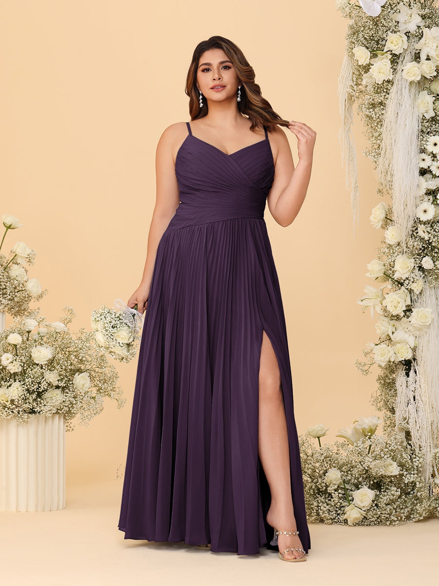 A-Line/Princess Spaghetti Straps Sleeveless Ruched Bridesmaid Dresses with Side Slit Plum