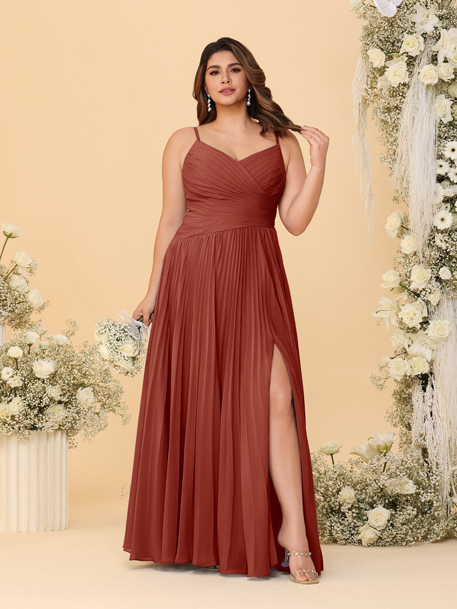 A-Line/Princess Spaghetti Straps Sleeveless Ruched Bridesmaid Dresses with Side Slit Rust