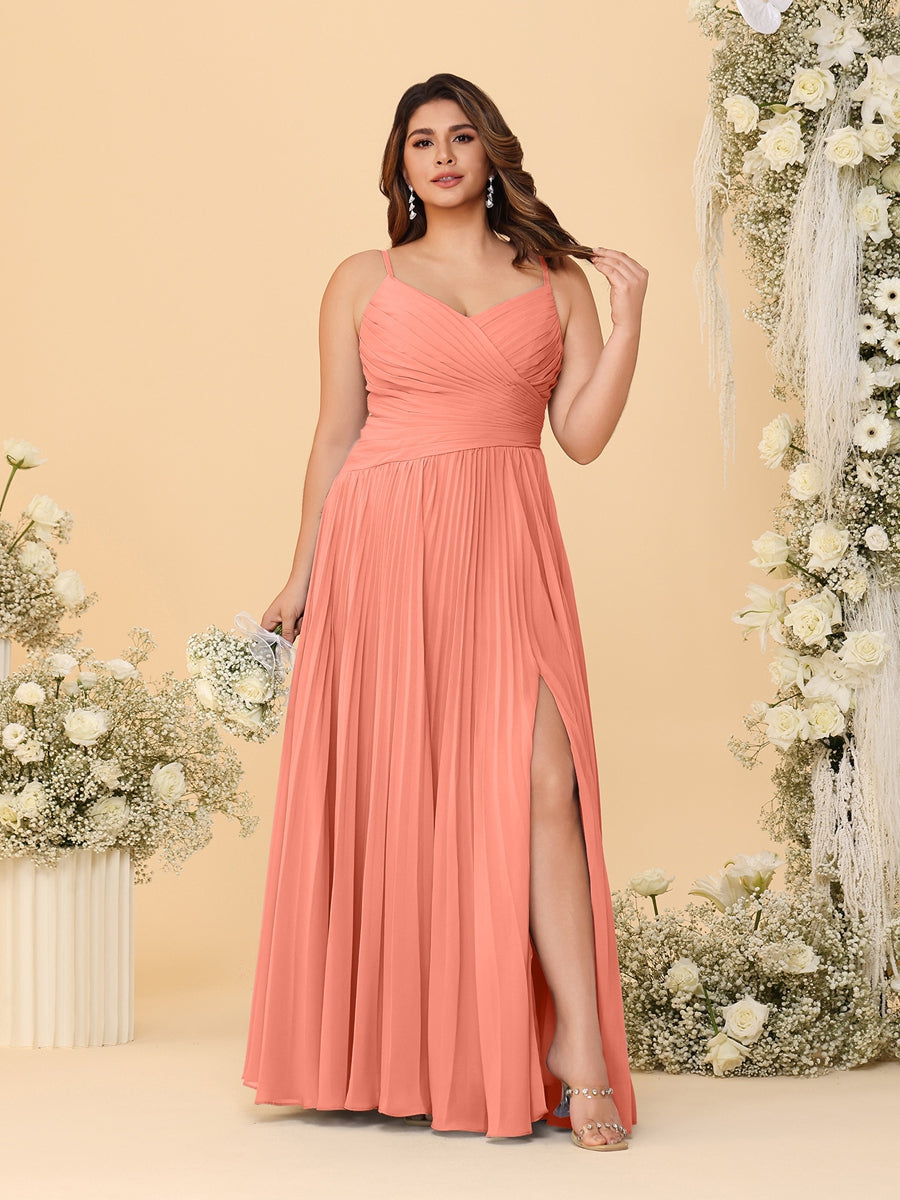 A-Line/Princess Spaghetti Straps Sleeveless Ruched Bridesmaid Dresses with Side Slit Salmon