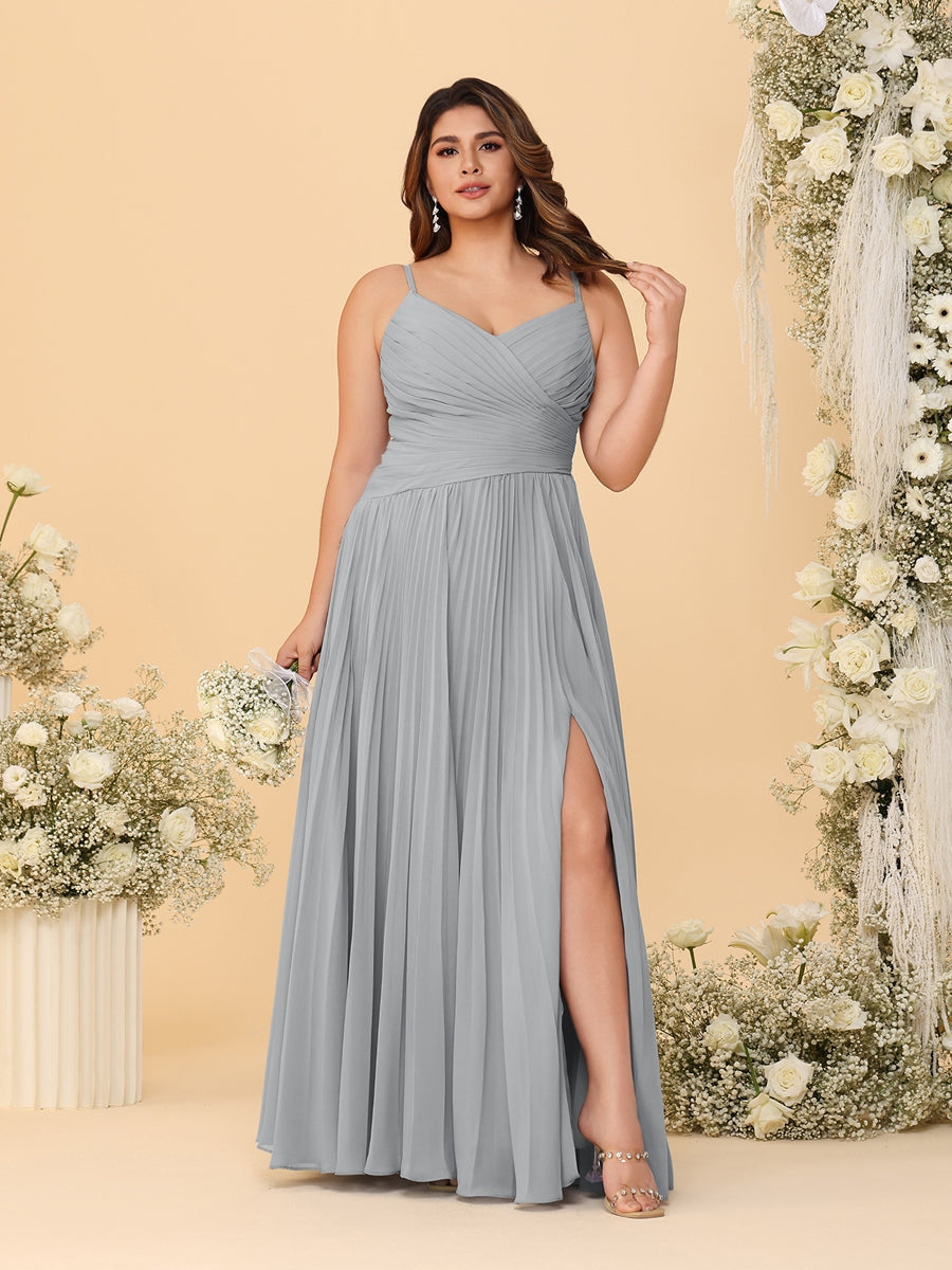 A-Line/Princess Spaghetti Straps Sleeveless Ruched Bridesmaid Dresses with Side Slit Silver