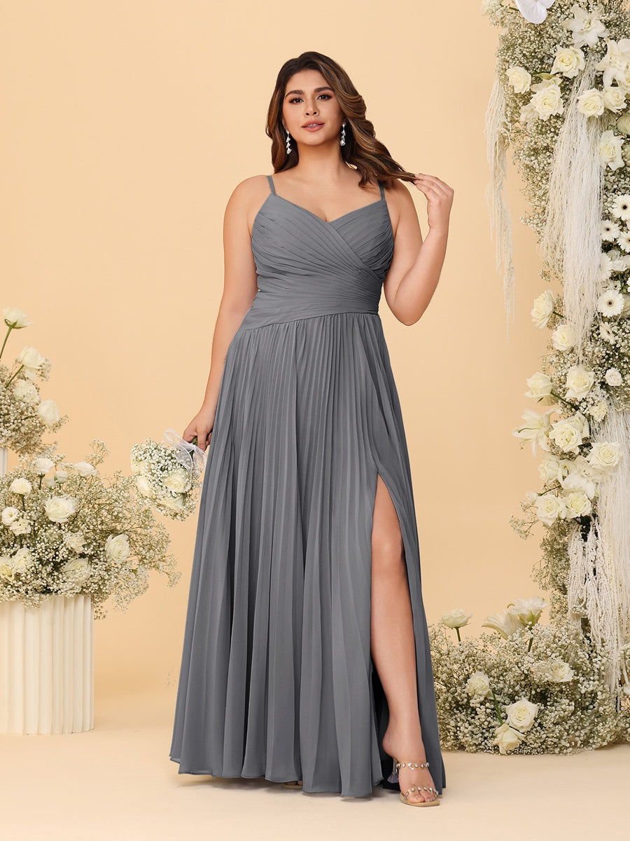 A-Line/Princess Spaghetti Straps Sleeveless Ruched Bridesmaid Dresses with Side Slit Silver Gray
